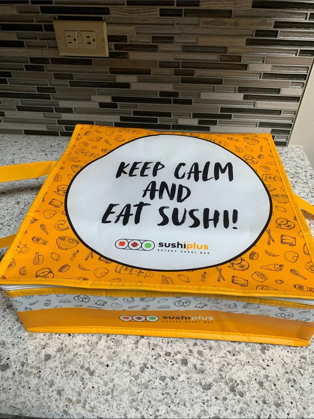 Stylish Yellow 'Keep Calm and Eat Sushi' Reusable Tote Bag. Pre-Owned.Sz:10x10x5
